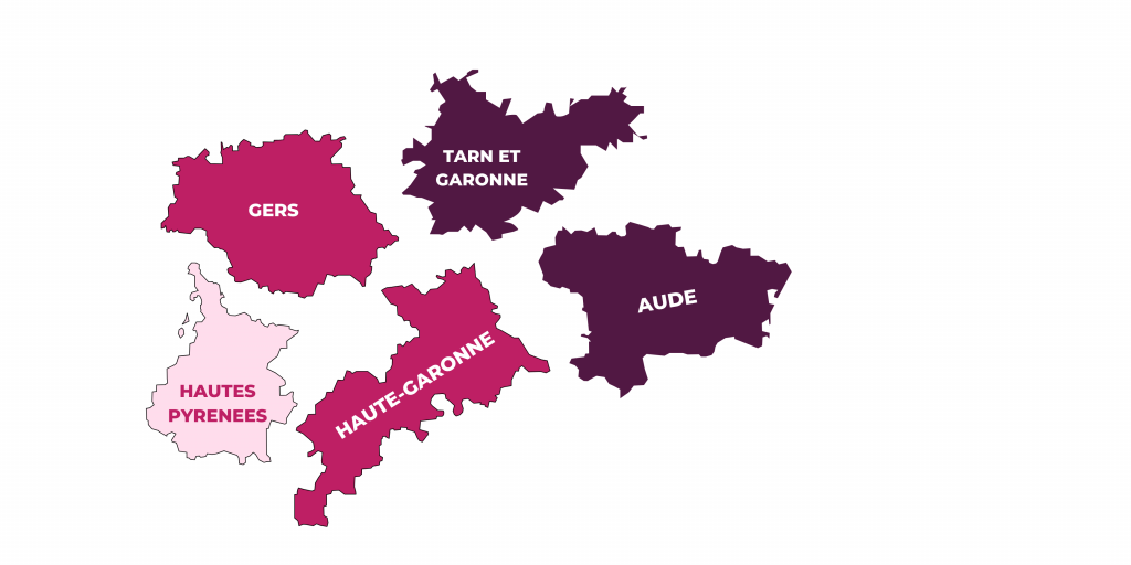 Carte muette des 5 département d'intervention de coll.In : 11, 31, 32, 65, 82